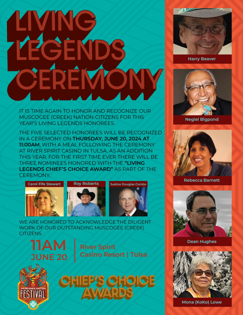 Flyer for the Muscogee (Creek) Nation 2024 Living Legends Ceremony, June 20, 2024, with photos of the honorees and Chief's Choice Award recipients