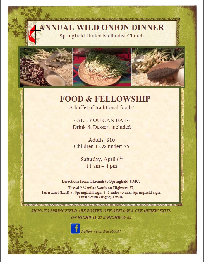 Springfield United Methodist Church Annual Wild Onion Dinner Flyer - April 6, 2013.