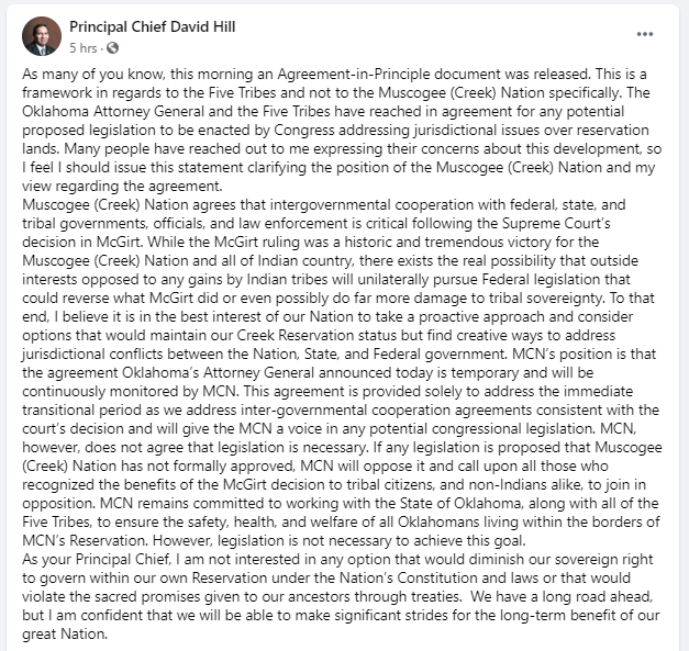 Principal Chief Hill's Facebook Statement